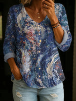 Oil Painting Art Pattern V-neck Long Sleeve Shirt