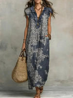 Women's Retro Print Casual V-neck Sleeveless Dress
