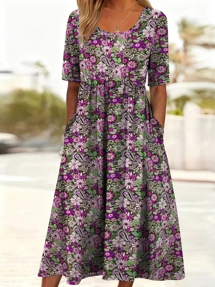 Multicolor Floral Print Round Neck Short Sleeve Dress