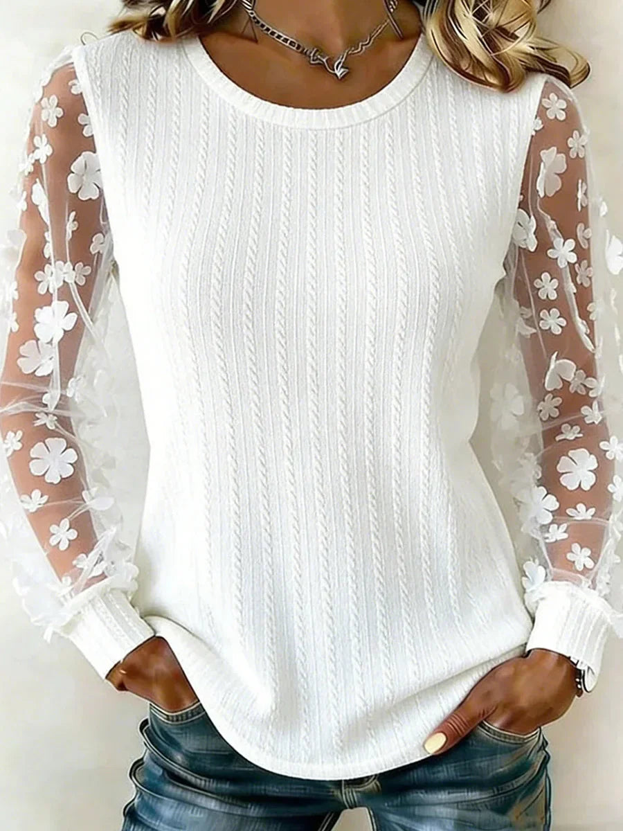 White Round Neck Floral Mesh Long Sleeve Top