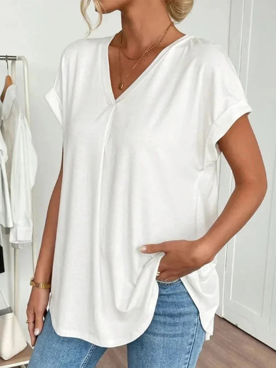 Elegant Solid Color V-neck Short Sleeve Blouse