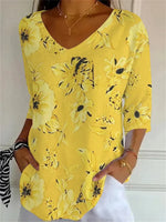 Floral Print V-neck 3/4 Sleeve T-Shirt