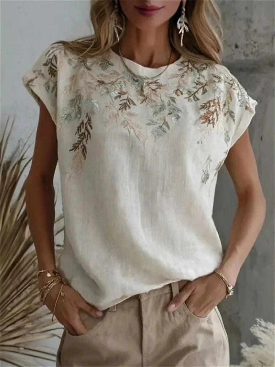 Vintage Leaf Print Round Neck Short Sleeve T-Shirt