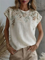 Vintage Leaf Print Round Neck Short Sleeve T-Shirt