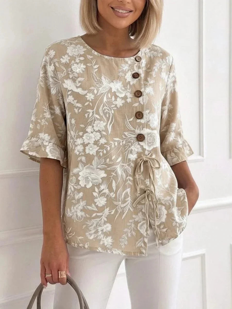Champagne Floral Print Round Neck 3/4 Sleeve Top