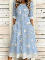 Light Blue Print Lace Trim Round Neck 3/4 Sleeve Pocket Midi Dress