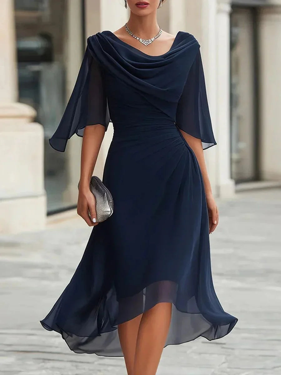 Navy Chiffon Cowl Neck Ruffle Sleeve Ruched Midi Dress