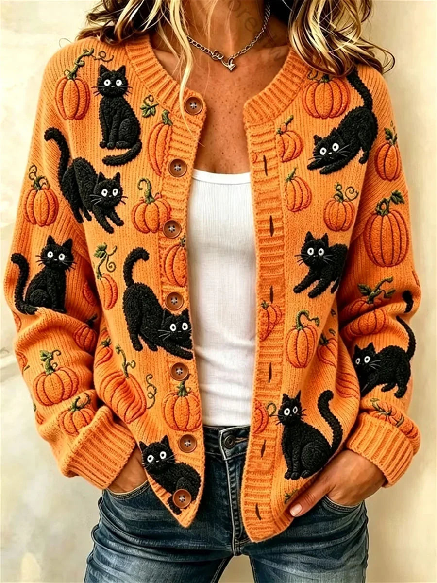 Women Cat Long Sleeve Comfy Vintage Printing Cardigan