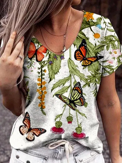 Butterfly Floral Print V-neck Short Sleeves T-shirt