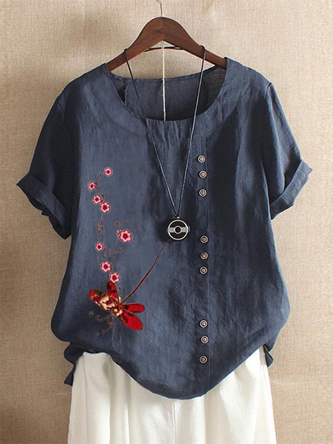 Floral Print Crew Neck Buttons Short Sleeves T-shirt