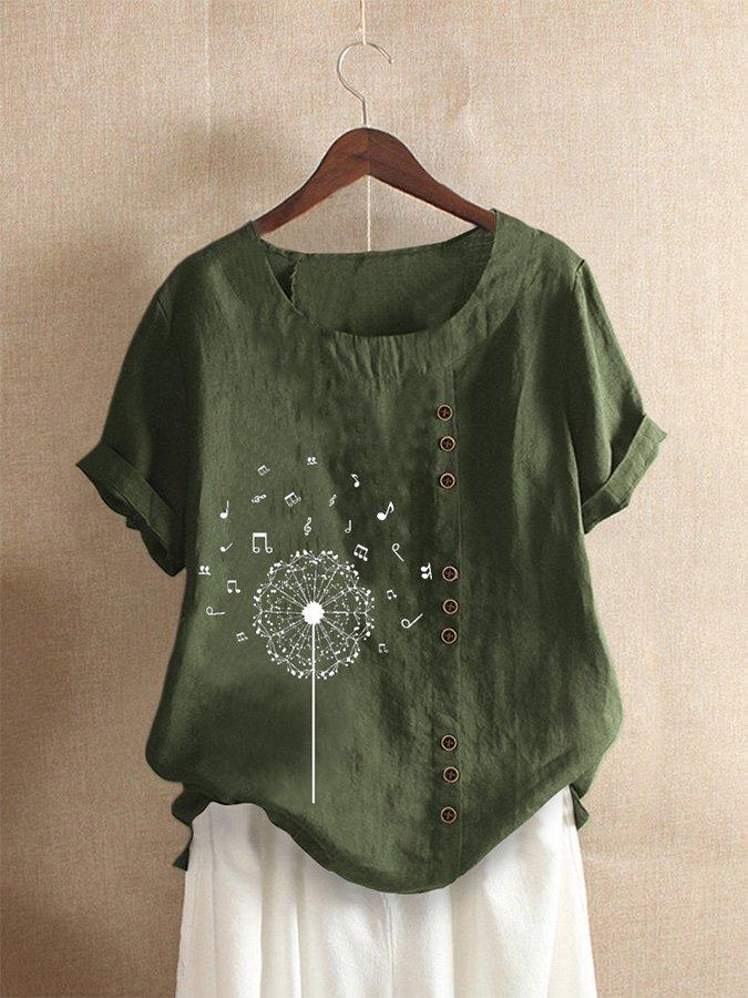 Musical Note Print Buttons Short Sleeves T-shirt