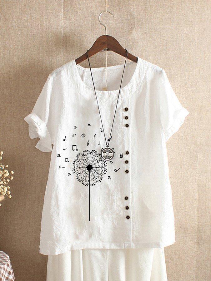 Musical Note Print Buttons Short Sleeves T-shirt