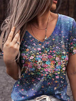 Floral Print V-neck Short Sleeves Casual T-shirt
