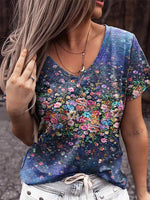 Floral Print V-neck Short Sleeves Casual T-shirt