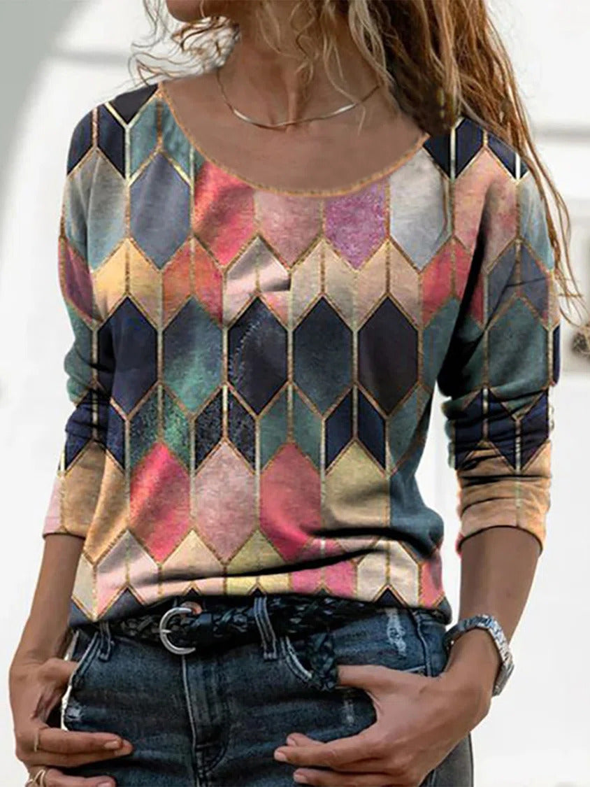 Geometric Print Crew Neck Long Sleeves Shirts