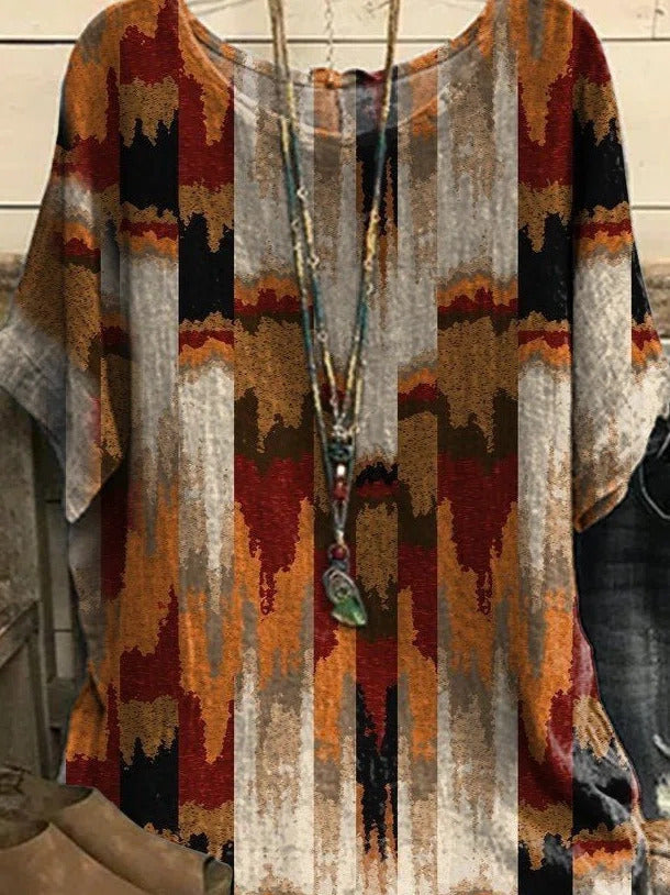 Marbling Print Crew Neck Short Sleeves Blouse
