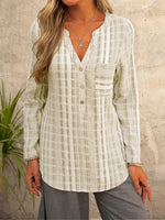 Plaid V-neck Buttons Casual Long Sleeves Blouse