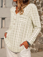 Plaid V-neck Buttons Casual Long Sleeves Blouse