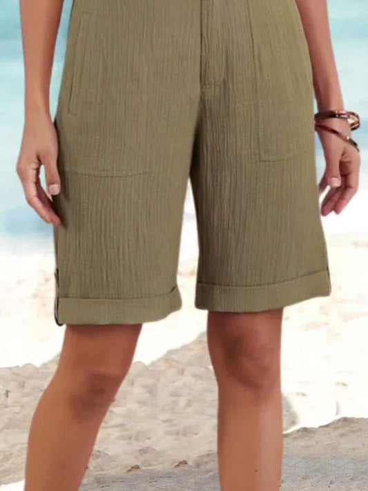 Solid Color Buttons Zipper with Pockets Shorts