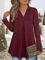Solid Color V-neck Buttons Elegant Long Sleeves Blouse