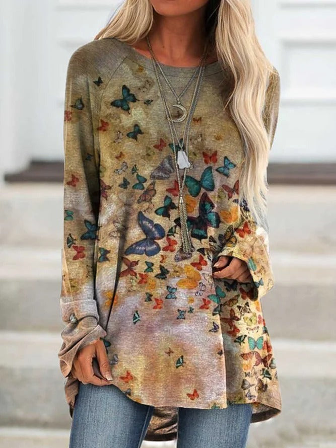 Butterfly Print Crew Neck Long Sleeves Sweatshirt