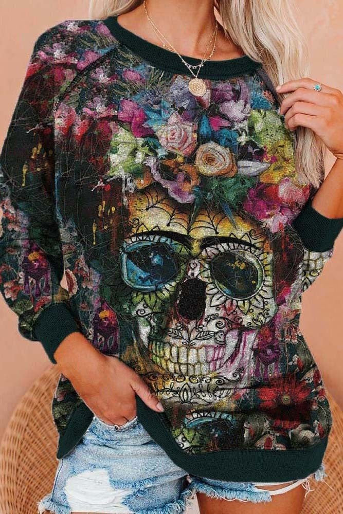 Halloween Skull Print O-neck Long Sleeves Sweatshirt