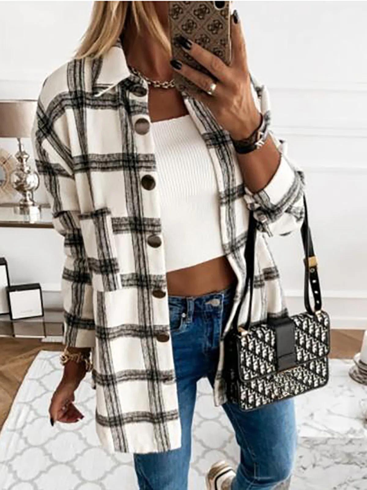 Plaid Print Lapel Buttons Long Sleeves Shirts Jacket