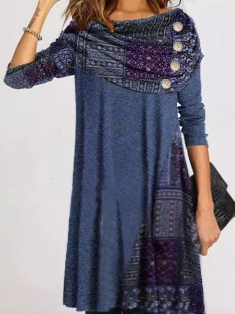 Abstract Print Patchwork Long Sleeves Short Dress