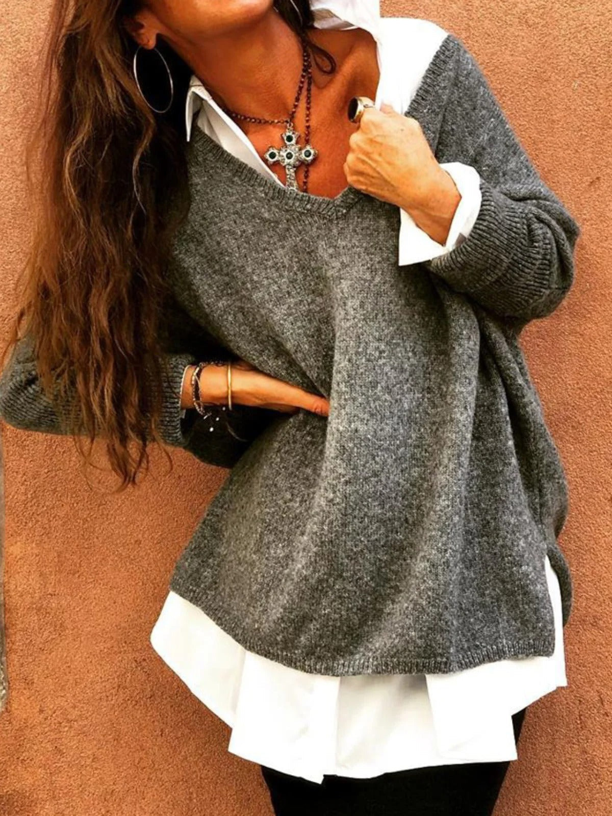 Solid Color V-neck Long Sleeves Vacation Sweater