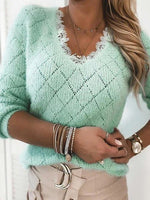 Solid Color V-neck Lace Long Sleeves Sweater