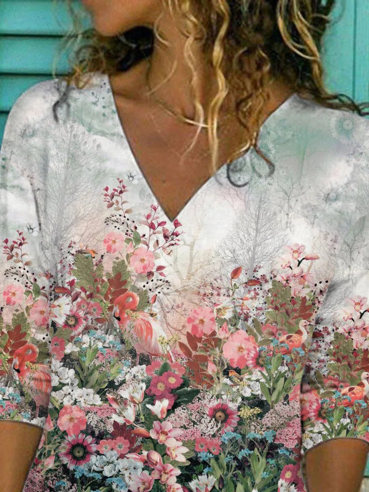 Floral Print V-neck Vacation Long Sleeves Sweatshirt