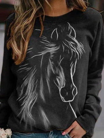 Horse Head Print Crew Neck Long Sleeves Sweatshirt