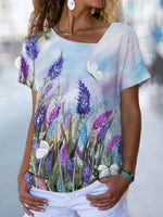 Lavender Print Asymmetric V-neck Short Sleeves T-shirt