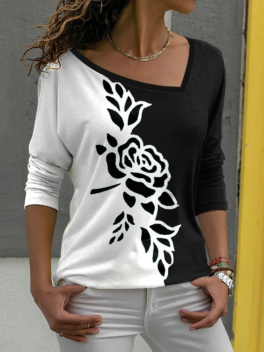 Floral Print Asymmetric V-neck Long Sleeves Sweatshirt