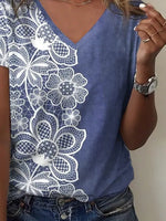 Geometric Floral Print V-neck Short Sleeves T-shirt