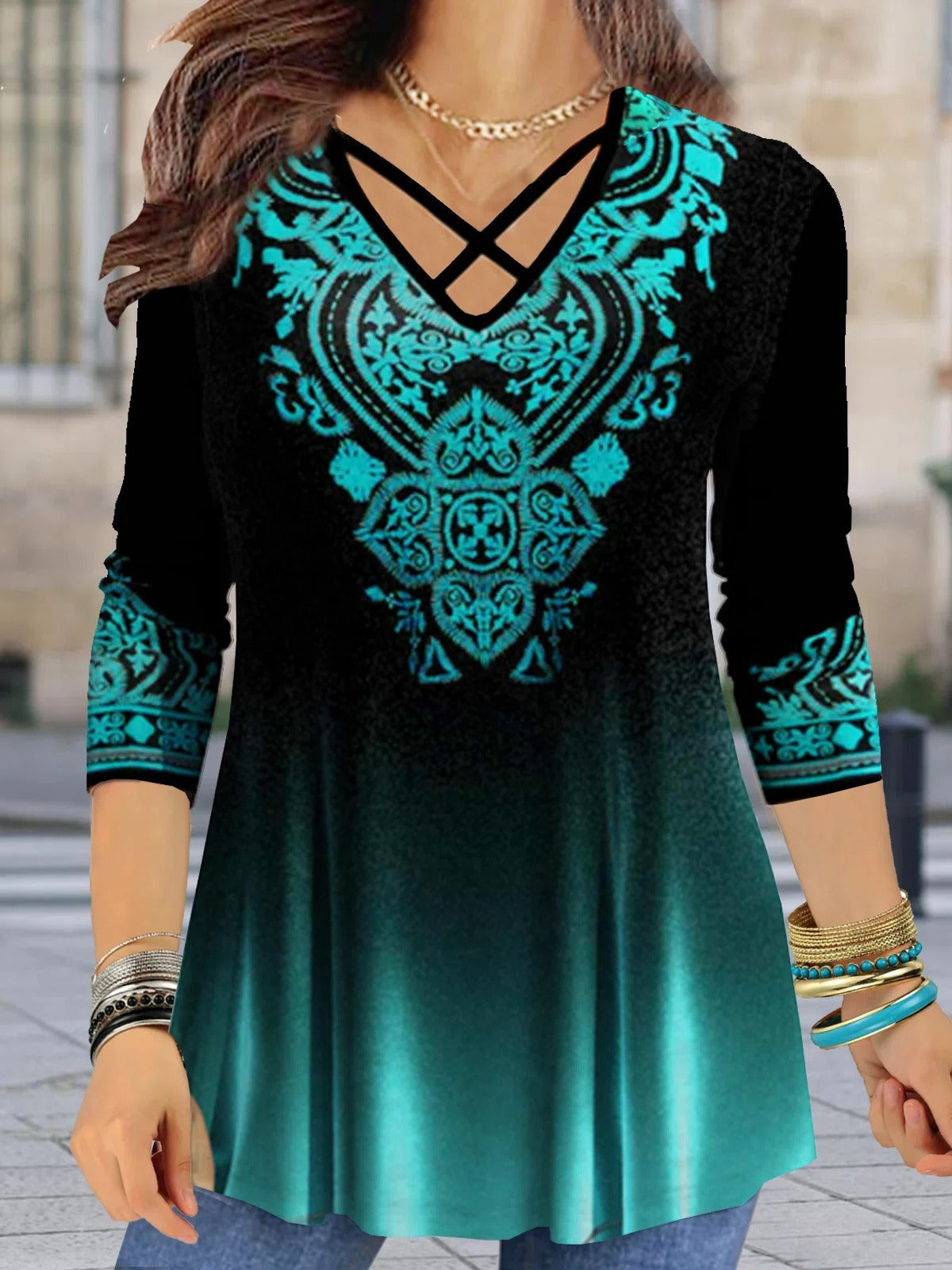 Ethnic Print V-neck Casual Long Sleeves Blouse