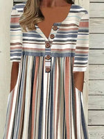 Stripe Print Scoop Neck Buttons Half Sleeves Midi Dress