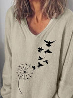 Dandelion Bird Print V-neck Long Sleeves Sweaters