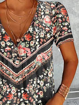 Floral Print V-neck Casual Short Sleeves T-shirt