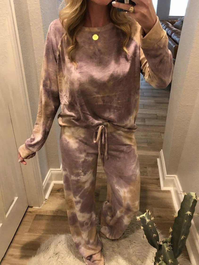 Tie-dye Print Crew Neck Long Sleeves Two Piece Suit