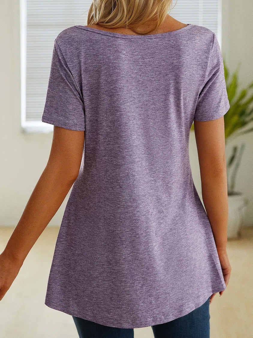 Solid Color V-neck Vacation Short Sleeves T-shirt