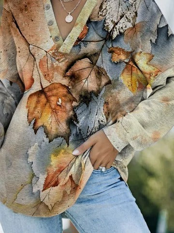 Leaf Print V-neck Long Sleeve Casual Sweatshirts