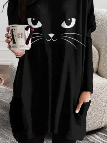 Loose Crew Neck Cat Halloween Long Sleeve T-Shirt