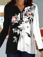 Color Block Floral V-Neck Buttons Long Sleeves Sweatshirts