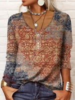 Ethnic Style Print Buttons U-neck Long Sleeves Sweatshirt