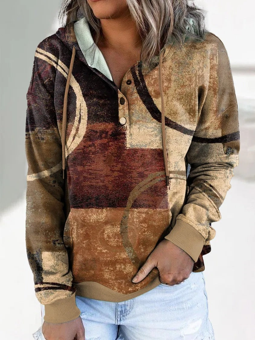 Geometric Print Buttons Hooded Long Sleeves Sweatshirt