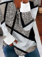 Color Block Half Zip Crew Neck Long Sleeves Sweatshirt
