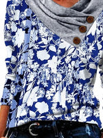 Floral Print Buttons Cowl Neck Long Sleeves Sweatshirt