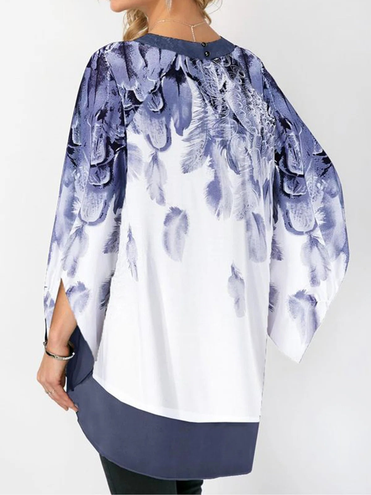 Floral Print Irregular Hem Crew Neck Flared Sleeves Blouse