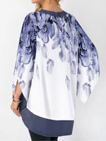 Floral Print Irregular Hem Crew Neck Flared Sleeves Blouse